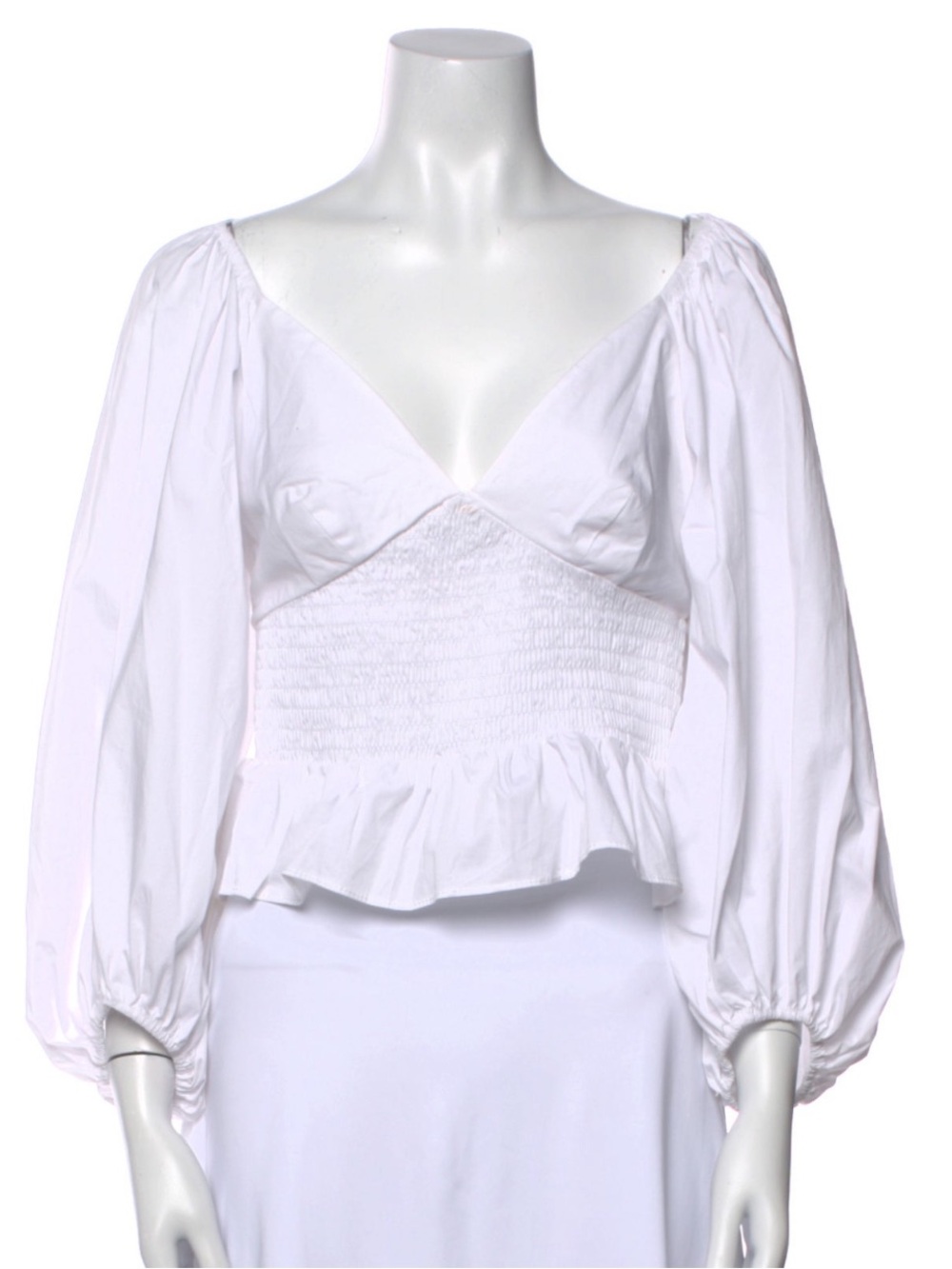 STAUD White Smocked Peplum Puff-Sleeve Blouse